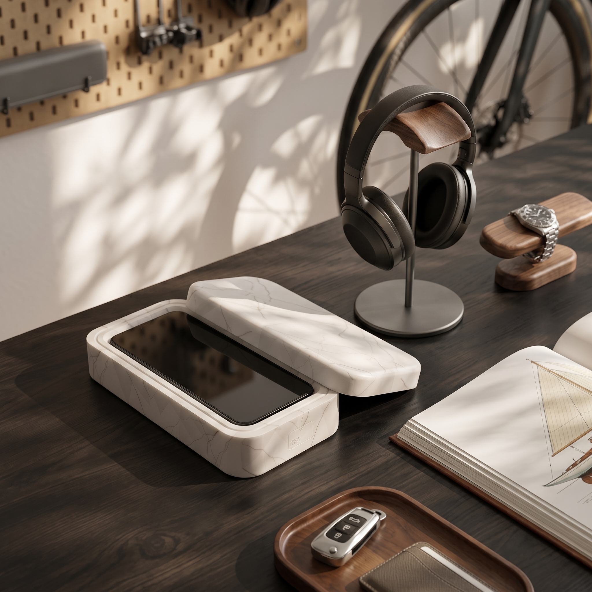 Phone Casket open on a dark walnut desk beside headphones