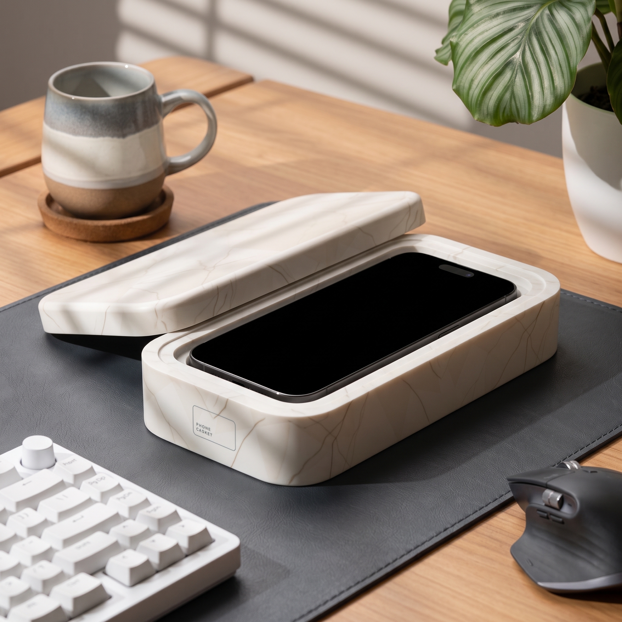 Phone Casket open on an oak desk beside a keyboard and mug