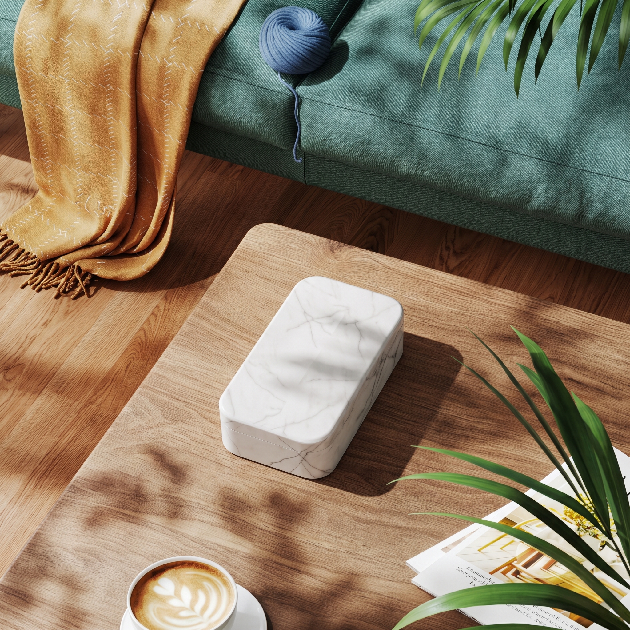 Phone Casket sealed on an oak coffee table beside a coffee