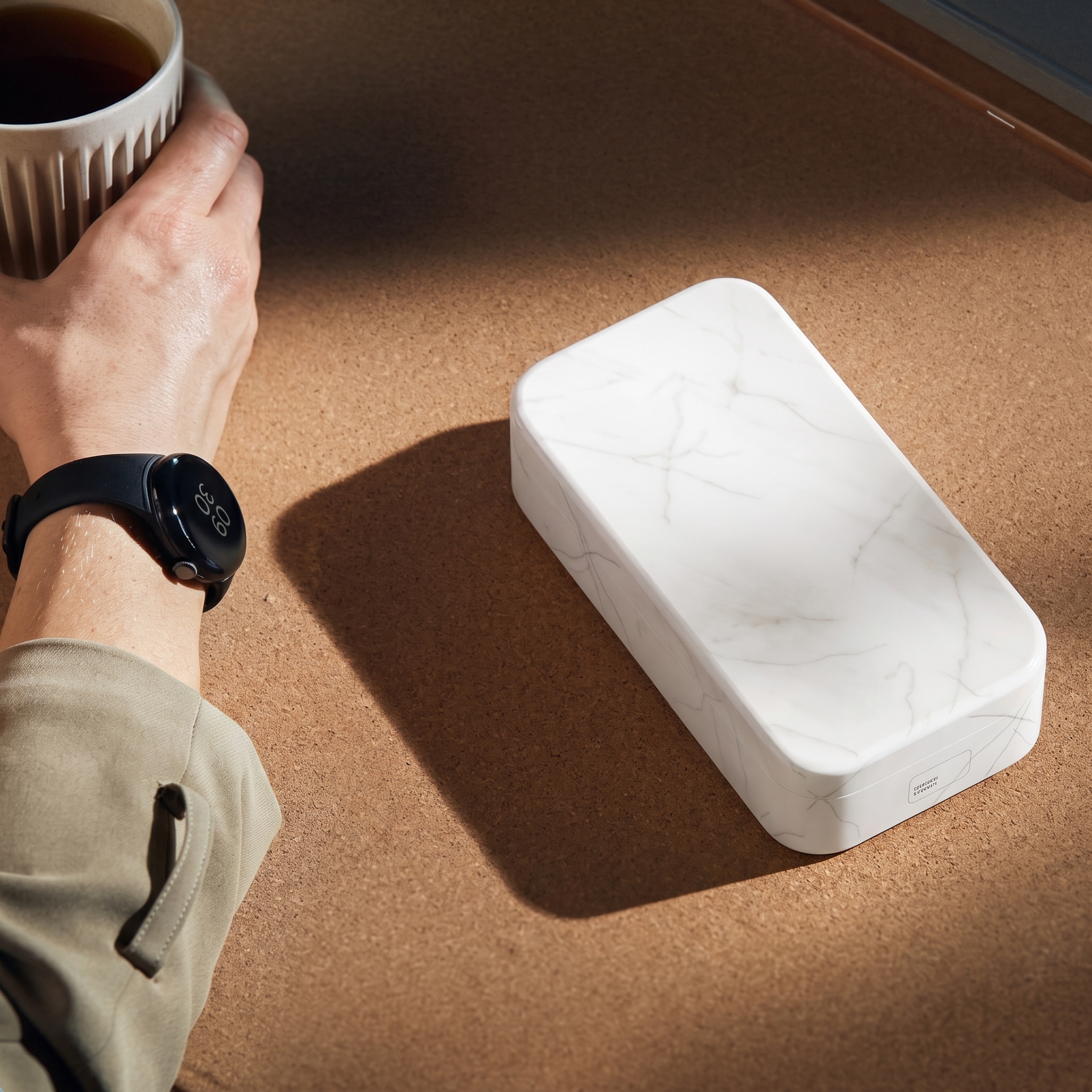 Phone Casket sealed on a cork desktop in raking light